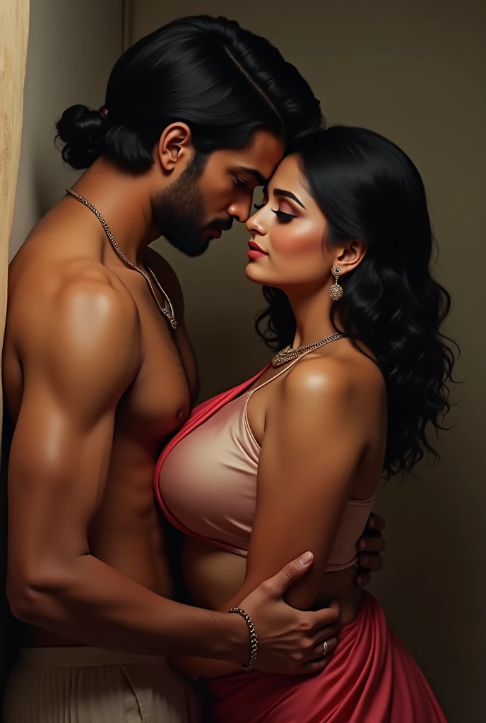 Couple cuddling, Deepti Bhatnagar kissing a handsome Tarzan, completely naked, large breasts and butt visible, smiling, forest in background,