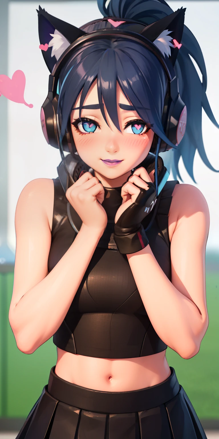 Heart-shaped_pupils, 1girl,blue hair, ponytail, blue eyes, eyeshadow, (blush:1.1),upper body,trembling, heart,(speed lines:1.1), ((heavy breathing:1.3)), love, heart, headphones, cat ears headphones, black crop top, sleeveless, Sleeveless shirt, black skirt, pleated skirt, cheerleader, purple lips, smile, looking at viewer, facing viewer,