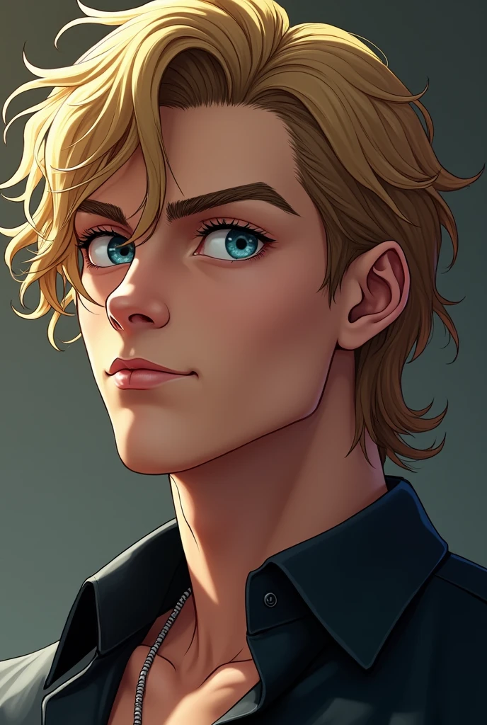 He has luscious dark blond hair that are long and reach his ears. He has blue eyes and a full face with sharp cheekbones. He has amazing lips. He is twenty two years old. He is powerful and imposing. He is smirking and is very clever. He is strong