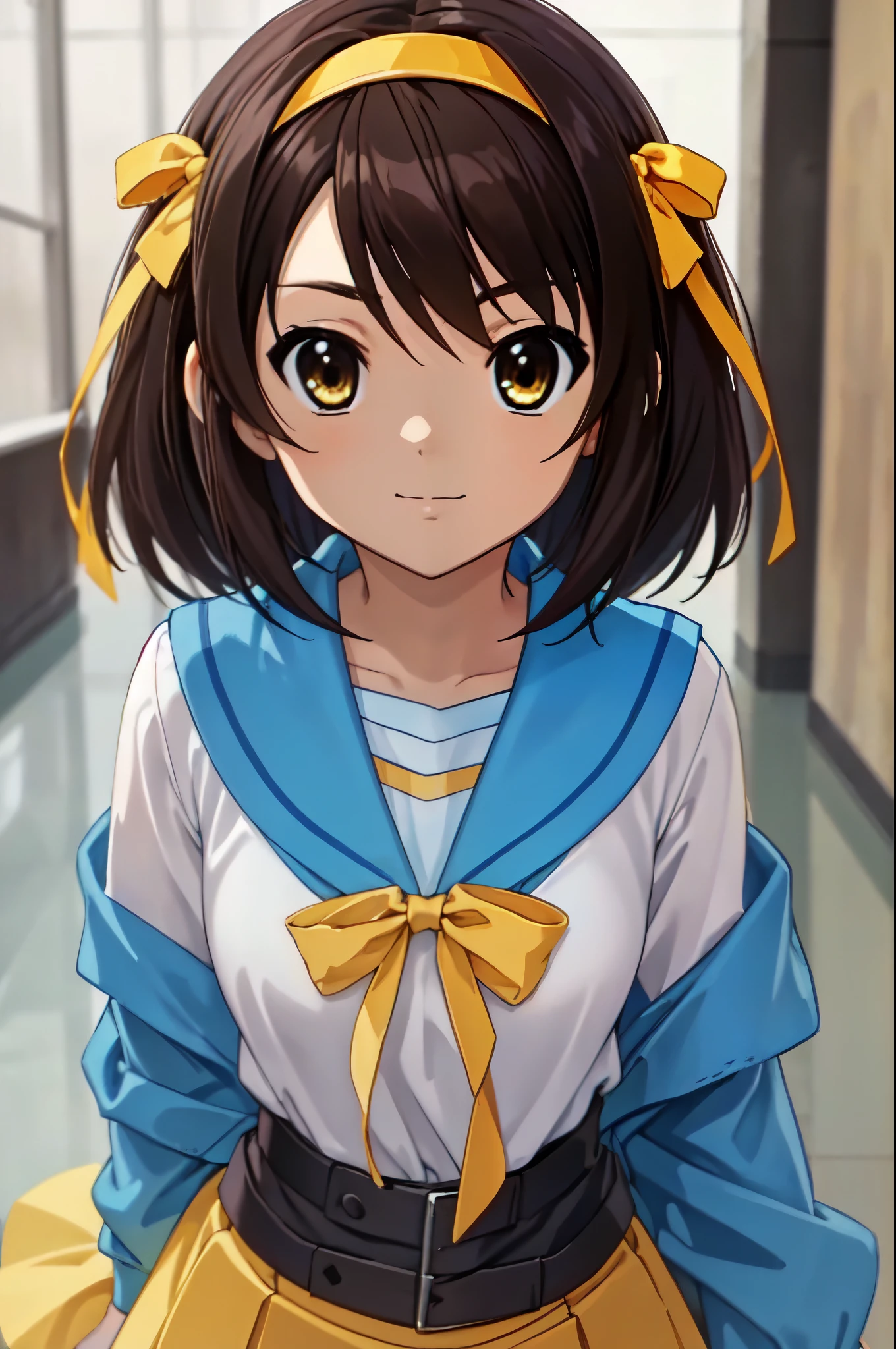 very detailed,highres,1 girl, solo,haruhi suzumiya, cowboy shot, school uniform, yellow hairband,upper body, looking at viewer,