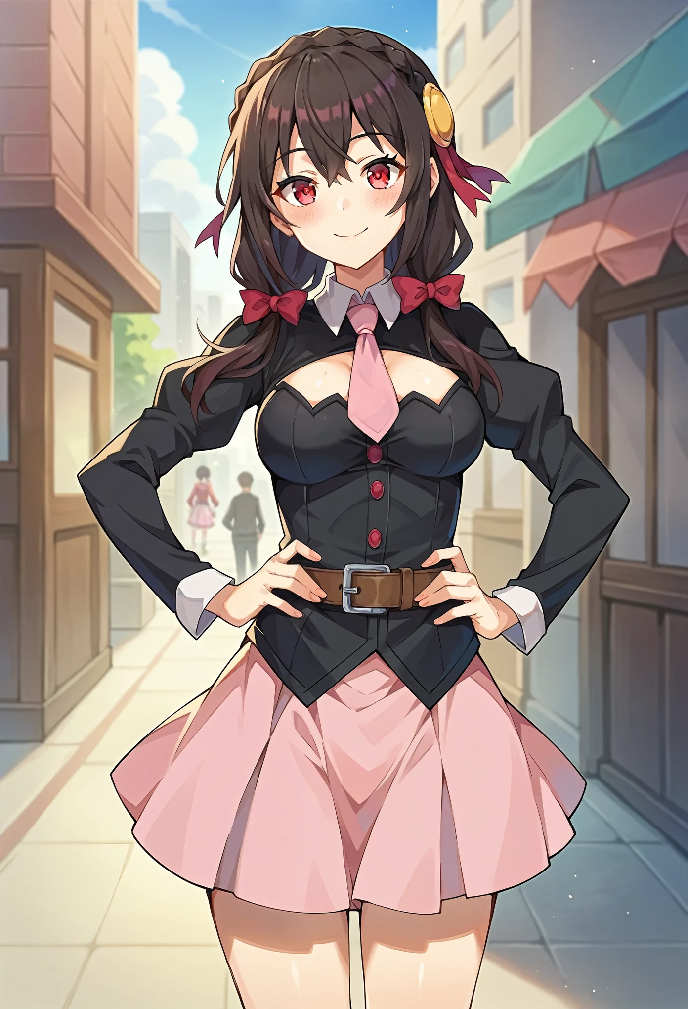 score_9, score_8_up, score_7_up, score_6_up, score_5_up, score_4_up, BREAK source_anime,city,outdoor,smile,standing,put hands on hips,yunyun, black hair, hair ornament, red eyes,hair bow,red bow, crown braid,black shirt, long sleeves,pink necktie, belt, cleavage cutout, pink skirt,