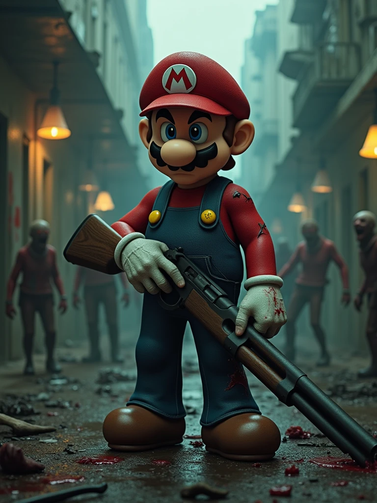 photorealistic Mario Zombie from Resident Evil, long spindly arms, short legs, mario hat, bloody