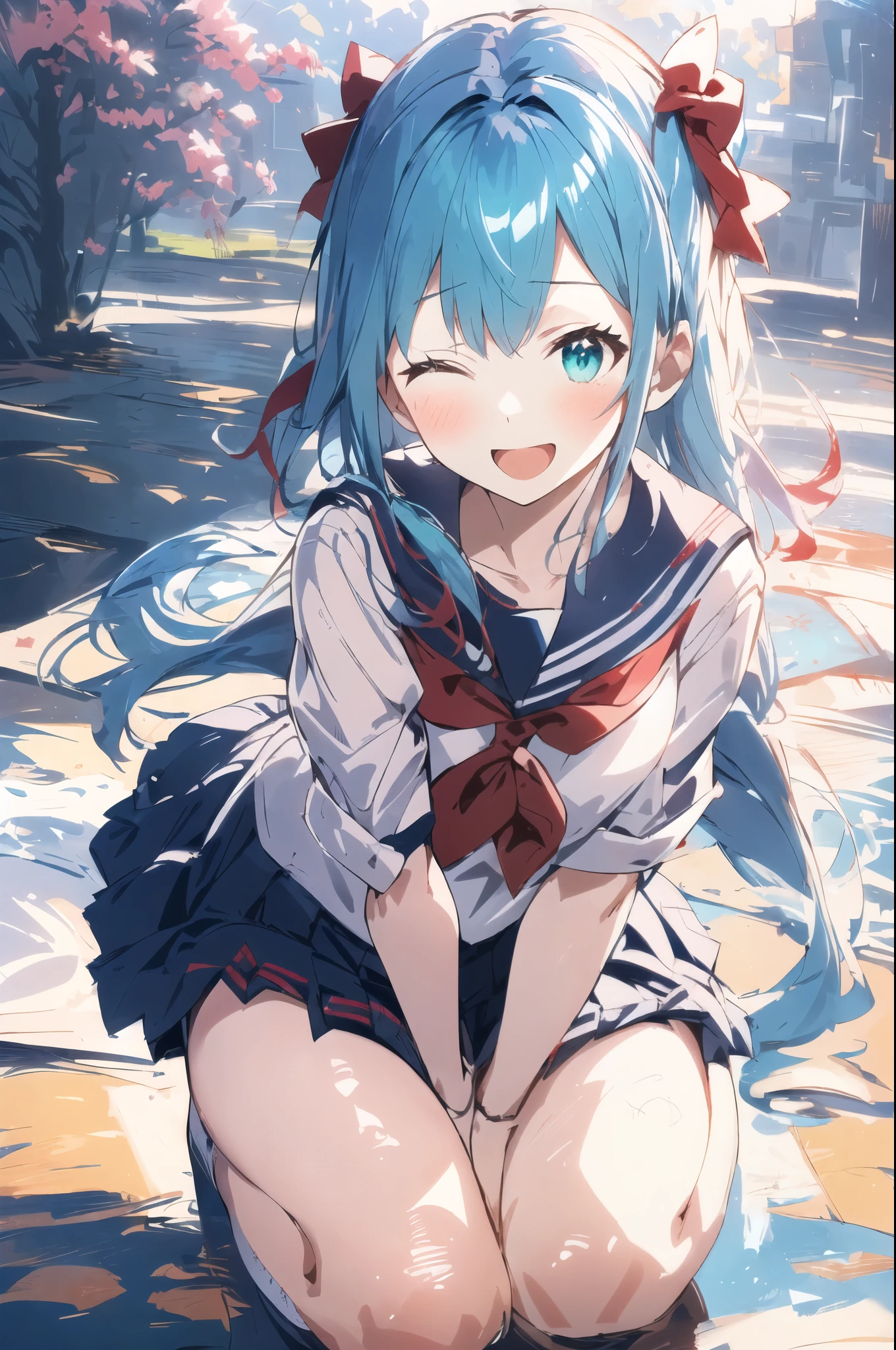 outdoors, 1girl, solo, a girl with blue hair and a red bow, bangs, hair bow, shirt, school uniform, ;d, aqua eyes, very long hair, blue serafuku