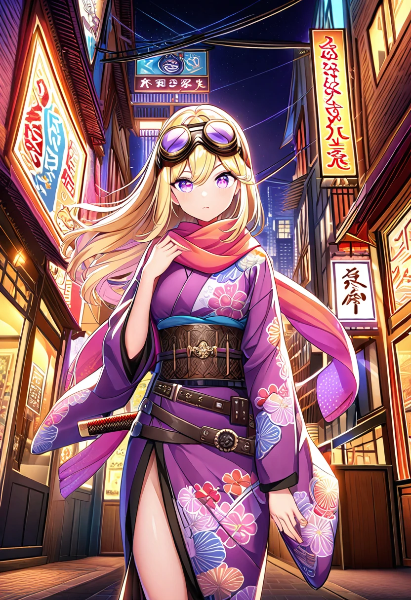  A detailed illustration of a vibrant, steampunk-inspired anime girl standing confidently in front of a bustling urban street filled with colorful signs and intricate architectural details. The character has long flowing blonde hair, styled with purple highlights, and is wearing large aviator goggles on her head. She has sharp, bright violet eyes and is dressed in a traditional kimono with modern accessories like a scarf and a tactical belt, blending historical and modern elements. The kimono is adorned with vivid floral patterns in shades of red, orange, and yellow, and she carries a katana in a beautifully decorated sheath with golden and black patterns. The background features a lively cityscape with densely packed buildings, neon signs, and cables running between the structures, evoking a futuristic yet nostalgic feel. The entire image is highly detailed, with dynamic lighting, vibrant colors, and a sense of energy and movement in the environment.