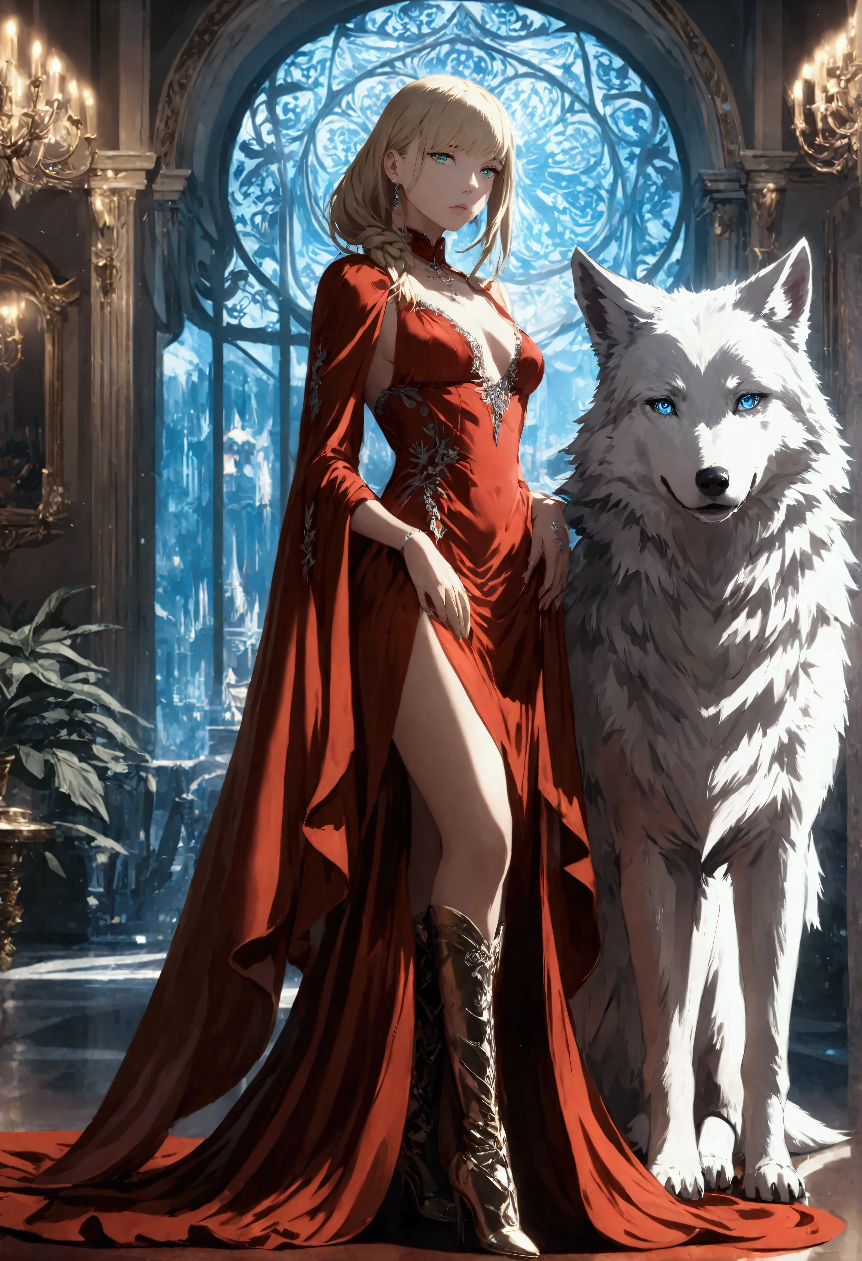 fantasy art, RPG art, ultra wide shot, RAW, photorealistic, a picture of woman and her (white: 1.4) wolf pet, the woman,  an exquisite beautiful human woman, long blond hair, braided hair, green eyes, wearing elegant silk dress, intricate dress,  wearing (red cloak: 1.1), wearing high heeled boots, standing in a fantasy ballroom, an epic ((white)) wolf stands near her, glowing blue eyes, protecting her, fantasy ballroom at night background, best quality, 16k, [ultra detailed], masterpiece, best quality, (ultra detailed), full body, ultra wide shot, photorealism