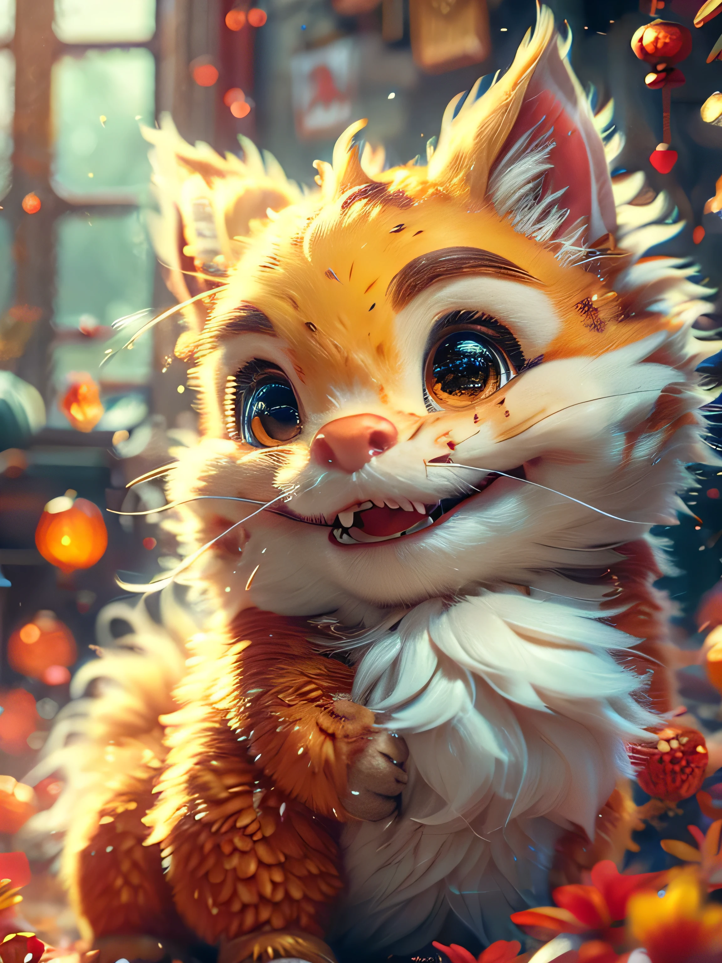 Magical Fantasy Creature, (best quality, masterpiece, Representative work, official art, Professional, Ultra high detail, 8k:1.3) super cute, big-eyed, with a soft, gentle nose, fluffy, smiling with two teeth, Persian cat on a natural background, realistic, beautiful, sparkles, stars in the eyes, soft volumetric light, (backlight:1.3), (cinematic:1.2), intricate details, (ArtStation:1.3), Rutkowski --auto --s2 