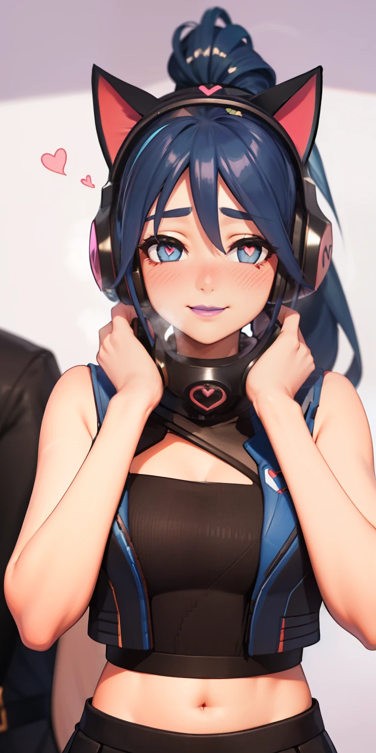 Heart-shaped_pupils, 1girl,blue hair, ponytail, blue eyes, eyeshadow, (blush:1.1),upper body,trembling, heart,(speed lines:1.1), ((heavy breathing:1.3)), love, heart, headphones, cat ears headphones, black crop top, sleeveless, Sleeveless shirt, black skirt, pleated skirt, cheerleader, purple lips, smile, looking at viewer, facing viewer,