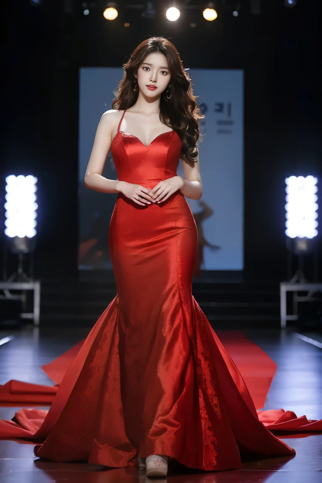 dressart,red dress , floating hair , (floating dress:1.4), (photo art), 1girl, Stunningly Beautiful Girl, Haute_Couture, designer dress, wearing Haute_Couture, posing for a picture, fashion show, Long shaped face, angry, crazy, dark red eyes, red hair, long ringlets, catwalk \(walkway\), colorful, vivid colors, masterpiece, best quality, absurdres, highest quality, amazing details, 8k, aesthetic,