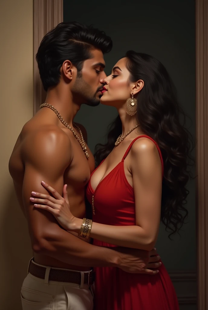 (seductive) a close up of a man kissing a girl in a sleeveless saree, man isn't wearing shirt, ((red lips, bright eyes, curve heir 1.5)), ((beautiful details very big breast )), (Straight round and ultra huge clevage, not sagging breast), A glorious gorgeous, glorious gorgeous face, pretty face, bright eyes, modern dress, updo elegant hair, blurred gray tones background, ultra focus, face ilumined, face detailed, 8k resolution, painted, dry brush, brush strokes, razumov style and garmash style, by Tokaito, ((Full Open )), full body, sexyn thin belly, night blue ambience