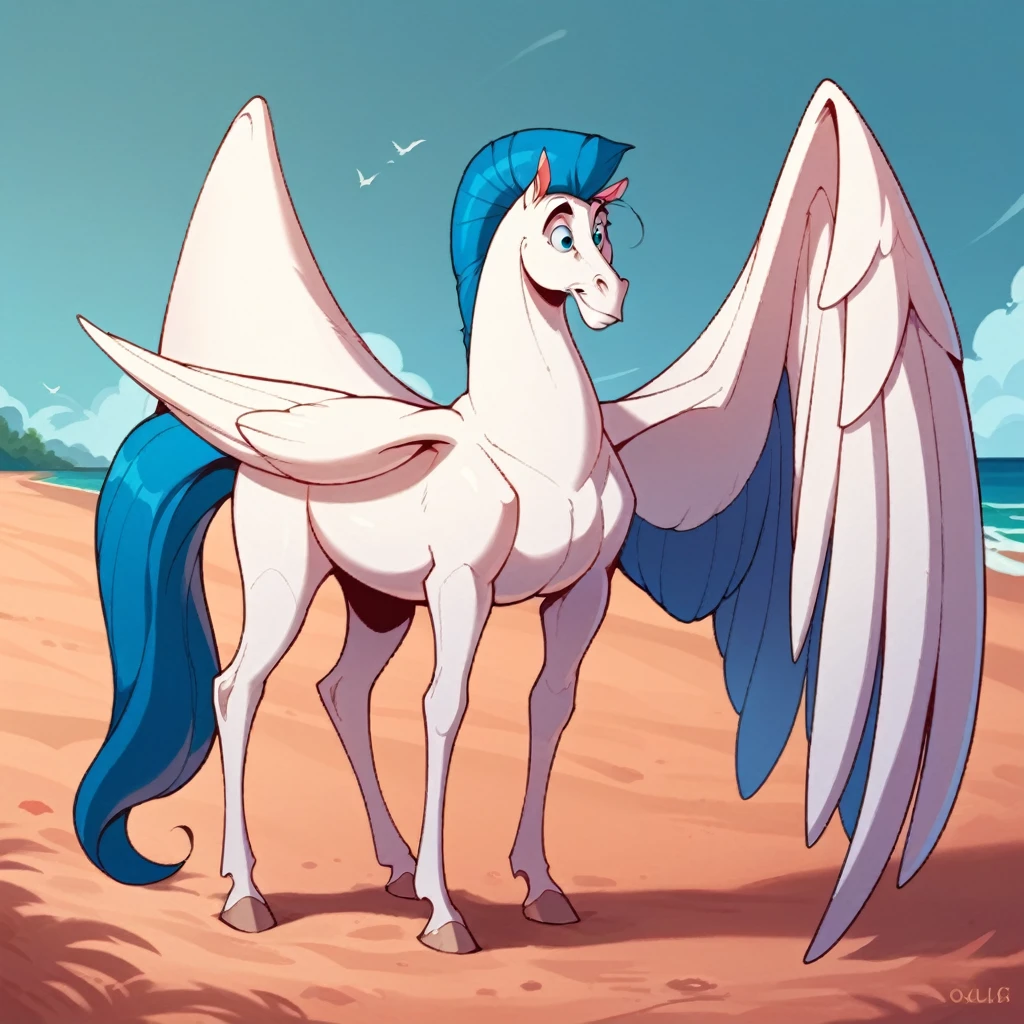 (Pegasus, white fur, blue mane, large white wings, blue tail) full body, on a deserted beach.