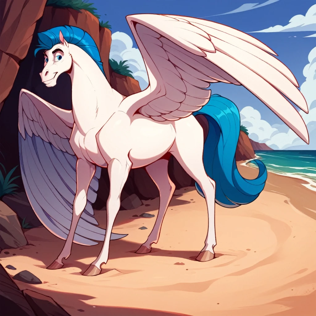 (Pegasus, white fur, blue mane, large white wings, blue tail) full body, on a deserted beach.