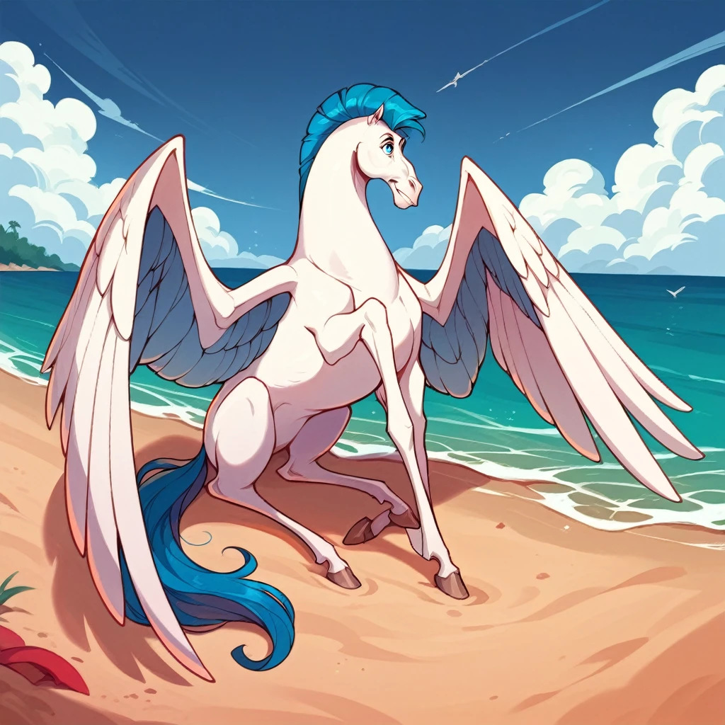 (Pegasus, white fur, blue mane, large white wings, blue tail) full body, on a deserted beach.