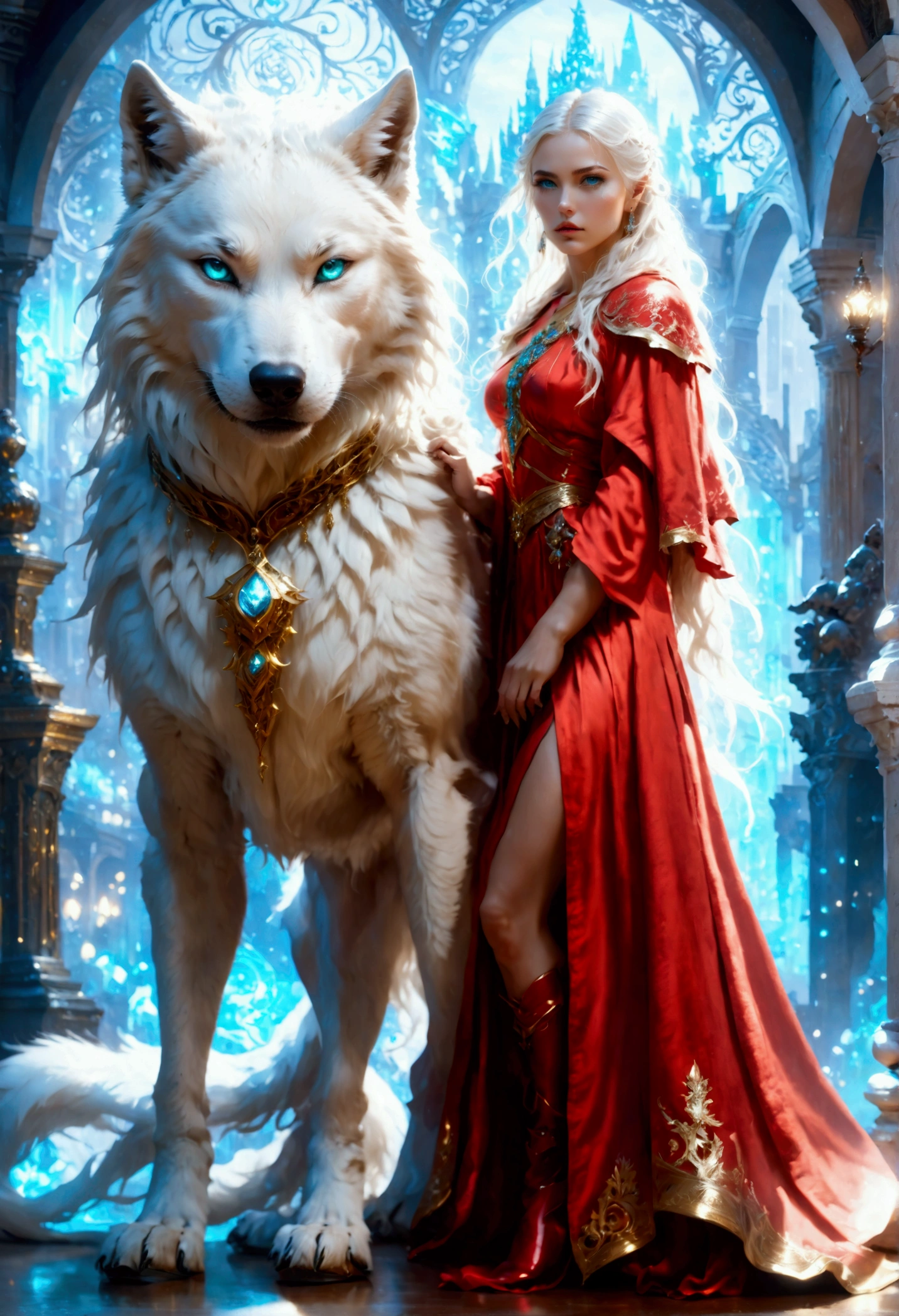 fantasy art, RPG art, ultra wide shot, RAW, photorealistic, a picture of woman and her (white: 1.4) wolf pet, the woman,  an exquisite beautiful human woman, long blond hair, braided hair, green eyes, wearing elegant silk dress, intricate dress,  wearing (red cloak: 1.1), wearing high heeled boots, standing in a fantasy ballroom, an epic ((white)) wolf stands near her, glowing blue eyes, protecting her, fantasy ballroom at night background, best quality, 16k, [ultra detailed], masterpiece, best quality, (ultra detailed), full body, ultra wide shot, photorealism