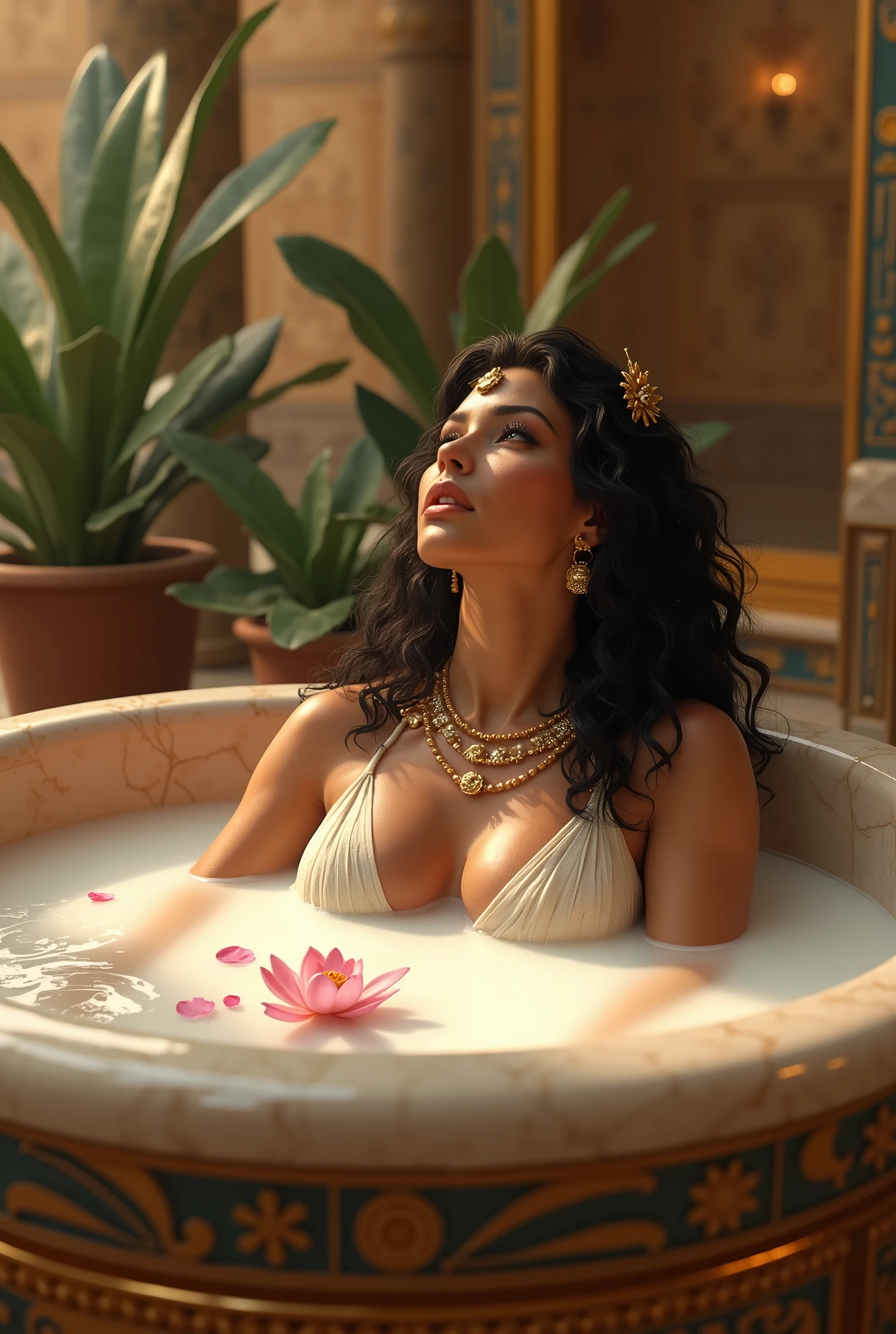 A high quality, realistic depiction of naked Cleopatra, Queen of the Nile, bathing in her golden huge pool, showing naked breasts, she washes white milk, aand mili leaks from her nipples ,surrounded by warm candlelight