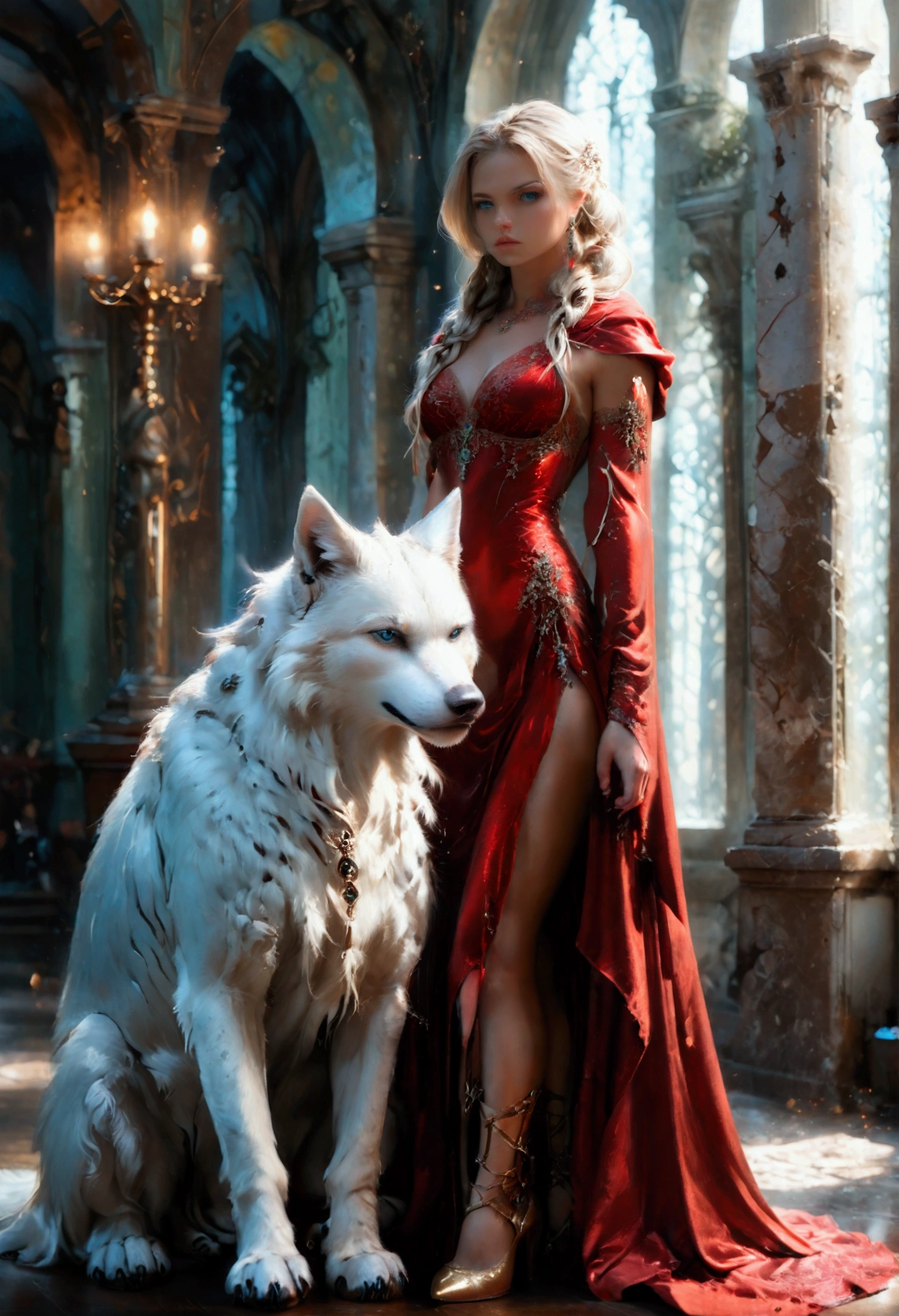 fantasy art, RPG art, ultra wide shot, RAW, photorealistic, a picture of woman and her (white: 1.4) wolf pet, the woman,  an exquisite beautiful human woman, long blond hair, braided hair, green eyes, wearing elegant silk dress, intricate dress,  wearing (red cloak: 1.1), wearing high heeled boots, standing in a fantasy ballroom, an epic ((white)) wolf stands near her, glowing blue eyes, protecting her, fantasy ballroom at night background, best quality, 16k, [ultra detailed], masterpiece, best quality, (ultra detailed), full body, ultra wide shot, photorealism