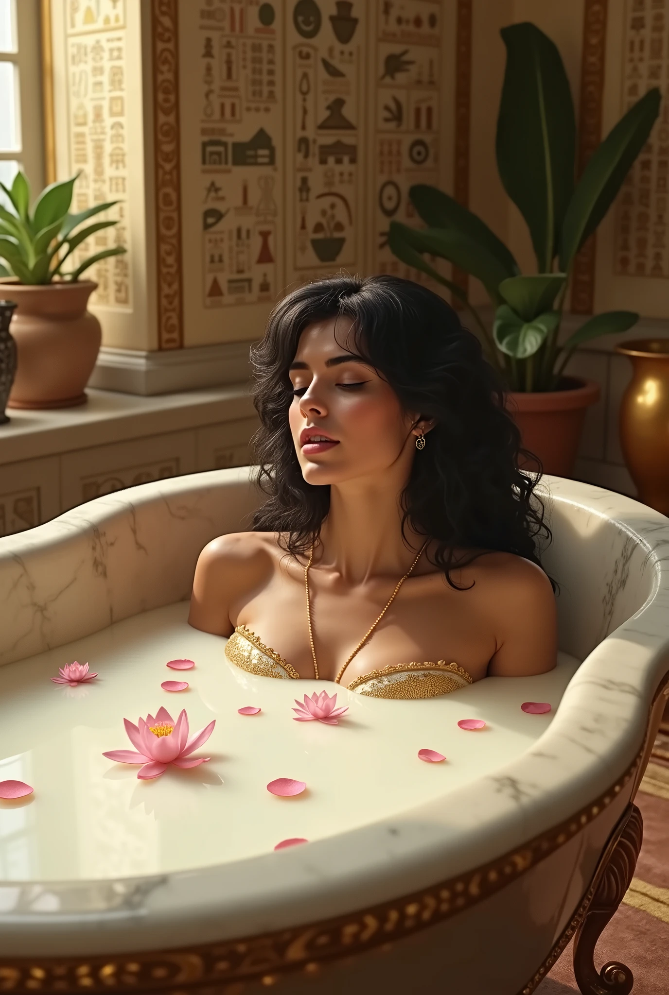 French Girl with short hair lying in bathtub, wearing only black bikini bottom, staring at camera, A superb beauty, Super cute, Rare beauty, Fragrant beauty、Stained glass background, Mastepiece, Best Quality, Tiny breasts, Golden Hair, Age 19 years old, Gold Hair, Alluring expression, Thin thighs, Slender body, Delicate, firm nipples