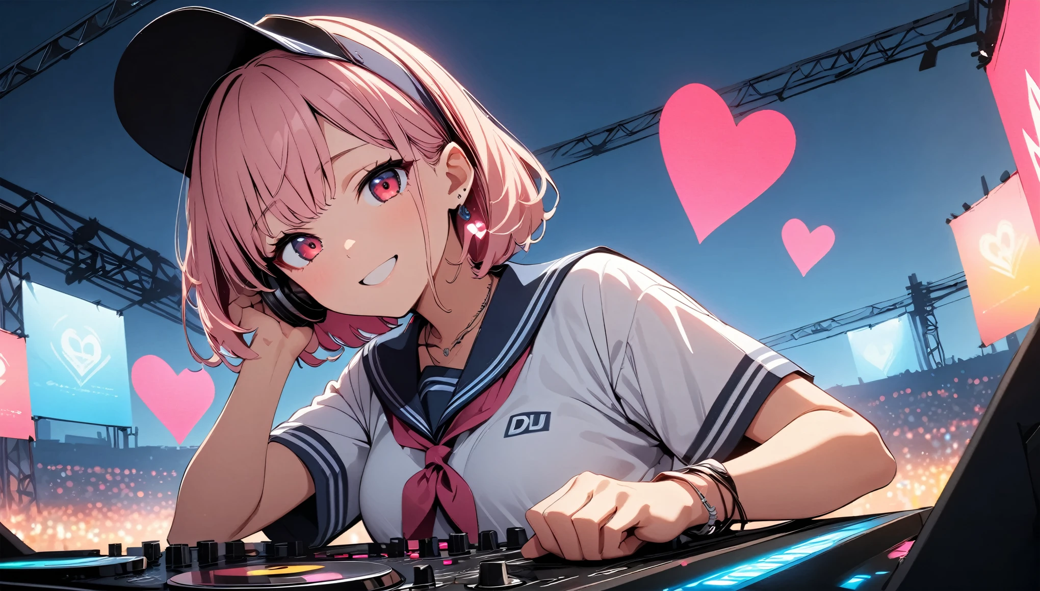 (high quality, 8k, 4K, High Contrast, masterpiece:1.2, 最high quality, Best aesthetics),high angle shot, ((1 female:1.4)),((Operating DJ equipment:1.5)), ((Blue sky outdoor festival stage background:1.3)), (Navy Color Sailor Shirt:1.1), (Simple Baseball Cap) ,DJ headphones, ((Flat Color)),High Contrast, Contrasting colors, , Pale pink and blue lighting,Pink Hair, Red eyes,, Pleated skirt, Looking at the audience, (The best smile), Sleepy eyes, ((Short Hair)) , (Tied Hair), Small heart-shaped earrings in both ears, bright eyeshadow, necklace