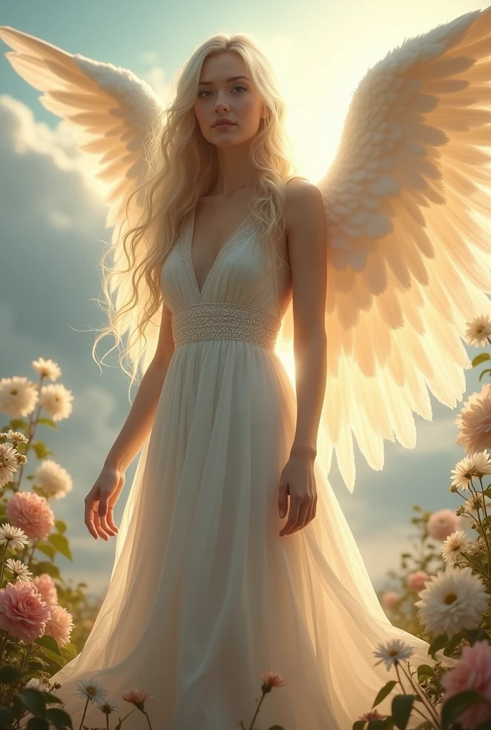goddess,beautiful girl,beautiful face,Aphrodite,long white hair,Elegant Long Dress,flower garden,Fireflies,angel wings,