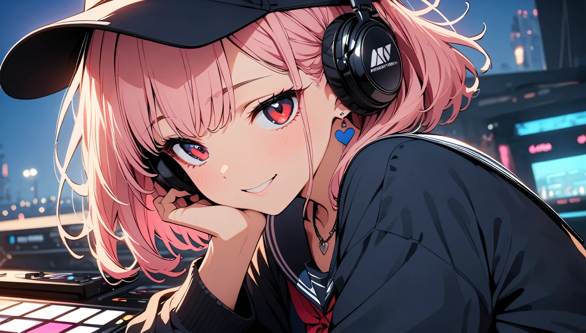 (high quality, 8k, 4K, High Contrast, masterpiece:1.2, 最high quality, Best aesthetics),high angle shot, ((1 female:1.4)),((Operating DJ equipment:1.5)), ((Blue sky seaside background:1.3)), (Navy Color Sailor Shirt:1.1), (Simple Baseball Cap) ,DJ headphones, ((Flat Color)),High Contrast, Contrasting colors, , Pale pink and blue lighting,Pink Hair, Red eyes,, Pleated skirt, Looking at the audience, (The best smile), Sleepy eyes, ((Short Hair)) , (Tied Hair), Small heart-shaped earrings in both ears, bright eyeshadow, necklace