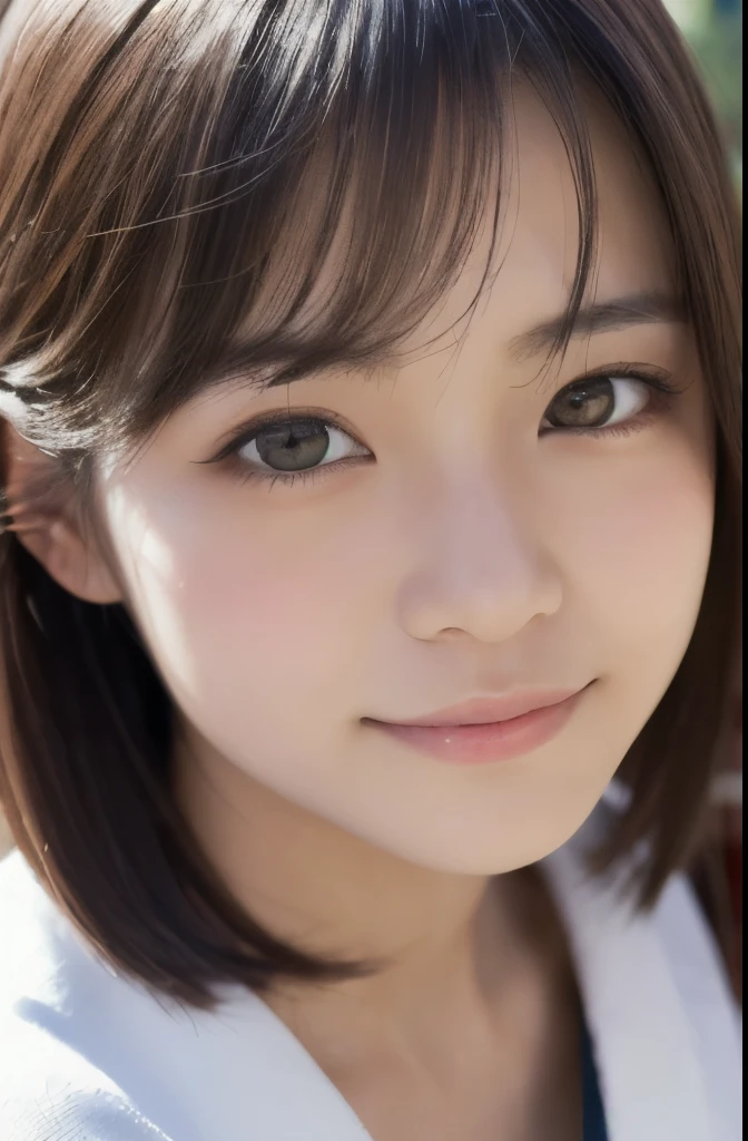 masutepiece, Best Quality, 8K, 1 girl, close-up, Close-up of face, 20 yo, cute little, Solo, Arch Smile, Cute, Girly, Delicate girl, Neat and clean beauty,  Raw photo, Professional Photography, Portrait, Soft light, Professional Lighting, Back lighting, look forward to your eyes, Sophisticated, Film grain, (Eyes and faces with detailed:1.0), Short-length floating hair, Beautiful flowing hair, Bangs