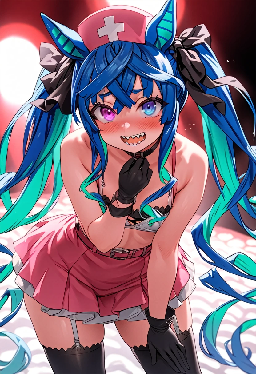 masterpiece,Highest quality,High resolution,Super detailed, solo, 1girl, live stage, ((cute)), Twin Turbo, Umamusume, aqua hair, twintails, heterochromia, purple eyes, blue eyes, sharp teeth, Trick or Treat Cosplay\(Short sleeve/Layered Bikini/belt/Nurse cap/mini skirt/gloves/Thigh-high socks/Garter Straps/FGO\), Baby girl body shape, Embarrassed, seductive model posing, perfect anatomy, noise removal