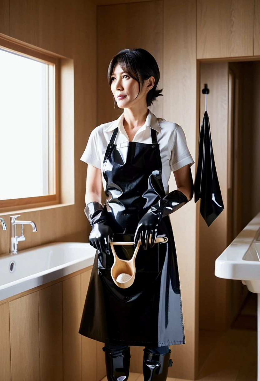 Four beautiful naked Japanese moms in their 30s wearing shiny long kitchen gloves and stylish black shiny Hunter rain boots、Cleaning the men&#39;s bathroom、She wears a shiny black rubber apron.