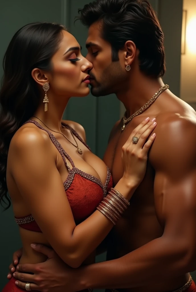 shahrukh khan (fully clothed) in a royal sherwani kissing and grabbing the thighs of a beautiful cute fair Indian princess lkjhgf (adorned in vibrant jewelry and wearing sexy bikini) while sleeping with her on bed, hourglass figure , curvy, swooping breasts, deep fleshy navel, hairy pussy, wide hips, thick muscular thighs,