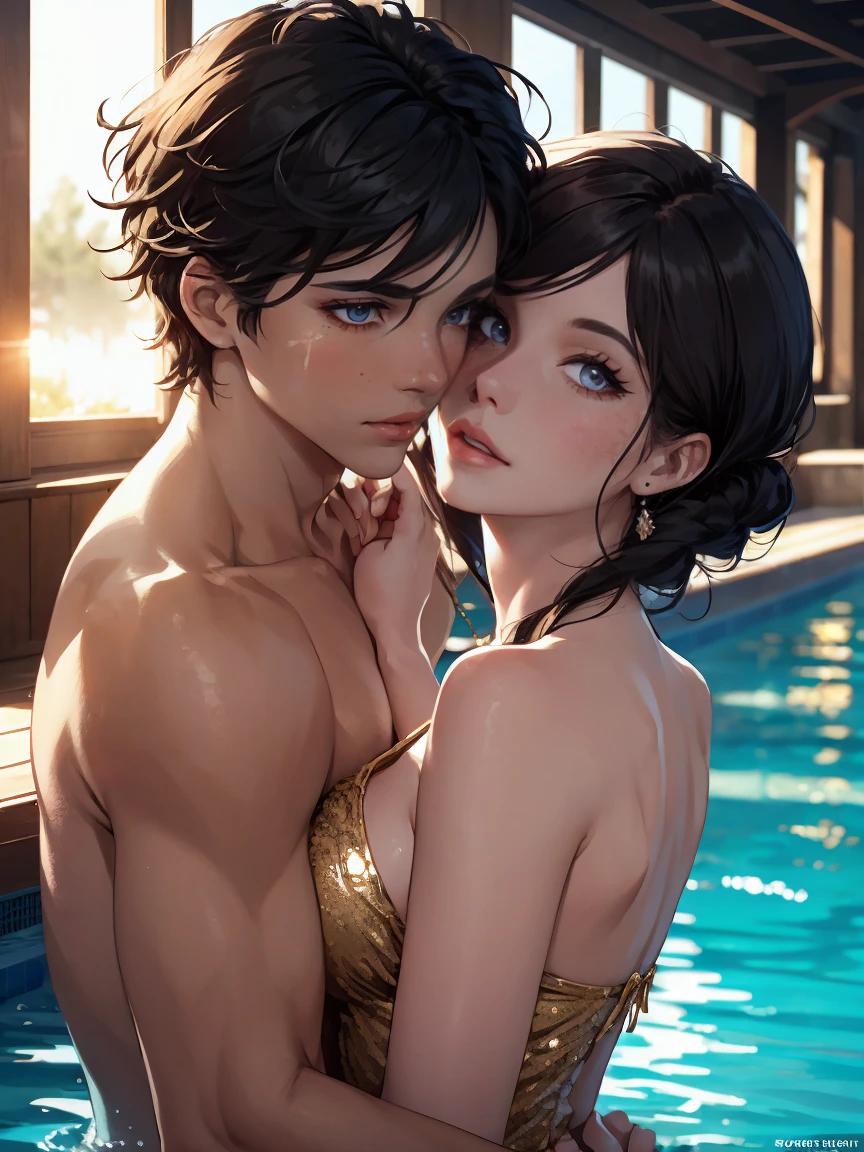 top-quality,　​masterpiece,　full body shot, Male and female couple,　Girl standing in a waterfall, completely naked, (((naked, nsfw, bare skin))), long flowing black hair in waves, gold jewelry, necklace, earrings, Boy hugging girl tightly from behind,  boy has crew cut hair, Without glasses、Revenge relationship, highly erotic, orgasmic expression, foreplay, squeezing breasts, fondling, sweating, aftersex