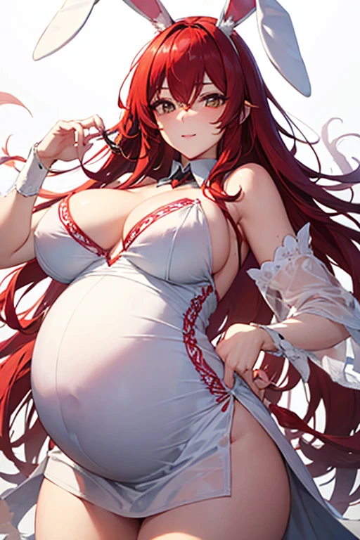 Beautiful pregnant bunny woman, (white detailed  dress with red embroidery), flowing red hair, big breasts, bunny ears, sexy pose, bunny tail