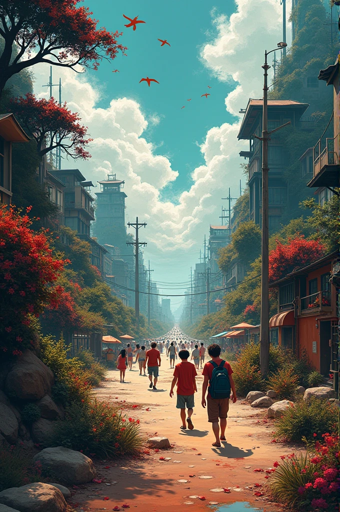 The streets of the town are deserted under an intense sun. The few inhabitants that can be seen are sweating and looking at the sky., concerned about the unusual heat, with expressions of discomfort and anxiety.