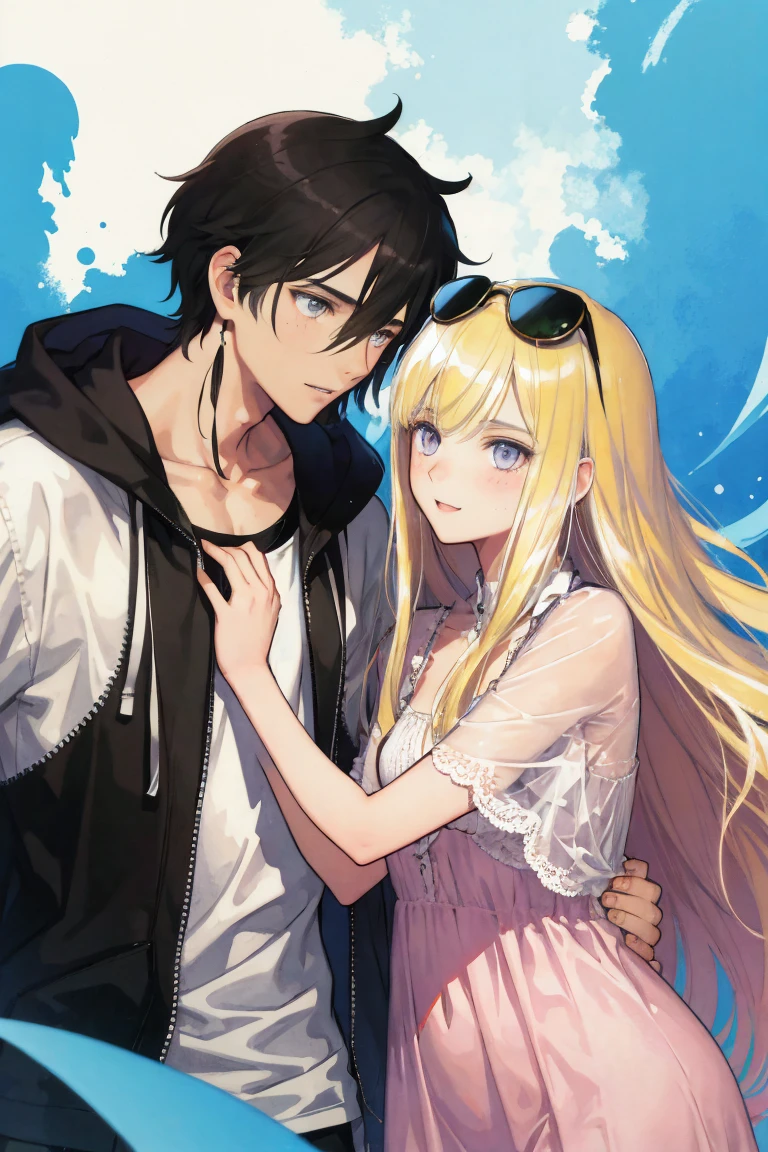 couple, man and woman, love, mature, a cat woman, she has freckles, she has dark brown eyes and an upturned nose, she is happy and smiling, she has long wavy hair, black hair, she is wearing aviator sunglasses with clear lenses in a soft watercolor style. The girl's clothes must be pink, purple, and blue in celebration of the bisexual, with stains of ink and watercolor mixing and filling the scene. he has blonde hair, There should be a subtle, nuanced change in colors using the impasto technique with gouache paint. There should be a light rain in the watercolor painting with a little watercolor paper texture and a pastel background.