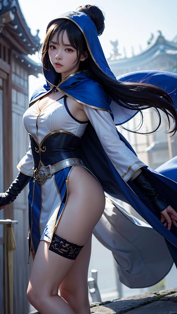 South korea asssassin walk women mystery hooded on with modern royal Blue coat with buttons and royal Blue cape and very high white heel over the knee and white gloves, As she reveals a small secret hidden blade, adding to the character’s mysterious and agile appearance, with small movements of air on the cape, in summer at night under the rain, with buildings featuring curved eaves and detailed architecture. The scene is set at night,leaving a body of an armored woman murdered , intricate detail, ultra detail, incredible detail, intricate detail, extremely detailed and intricate, super max, masterpiece, best quality, HDR, UHD, unreal engine. , beautiful face, Rich in details High quality, gorgeous, captivating, 8k, super detailed, stunning shadows, detailed lines