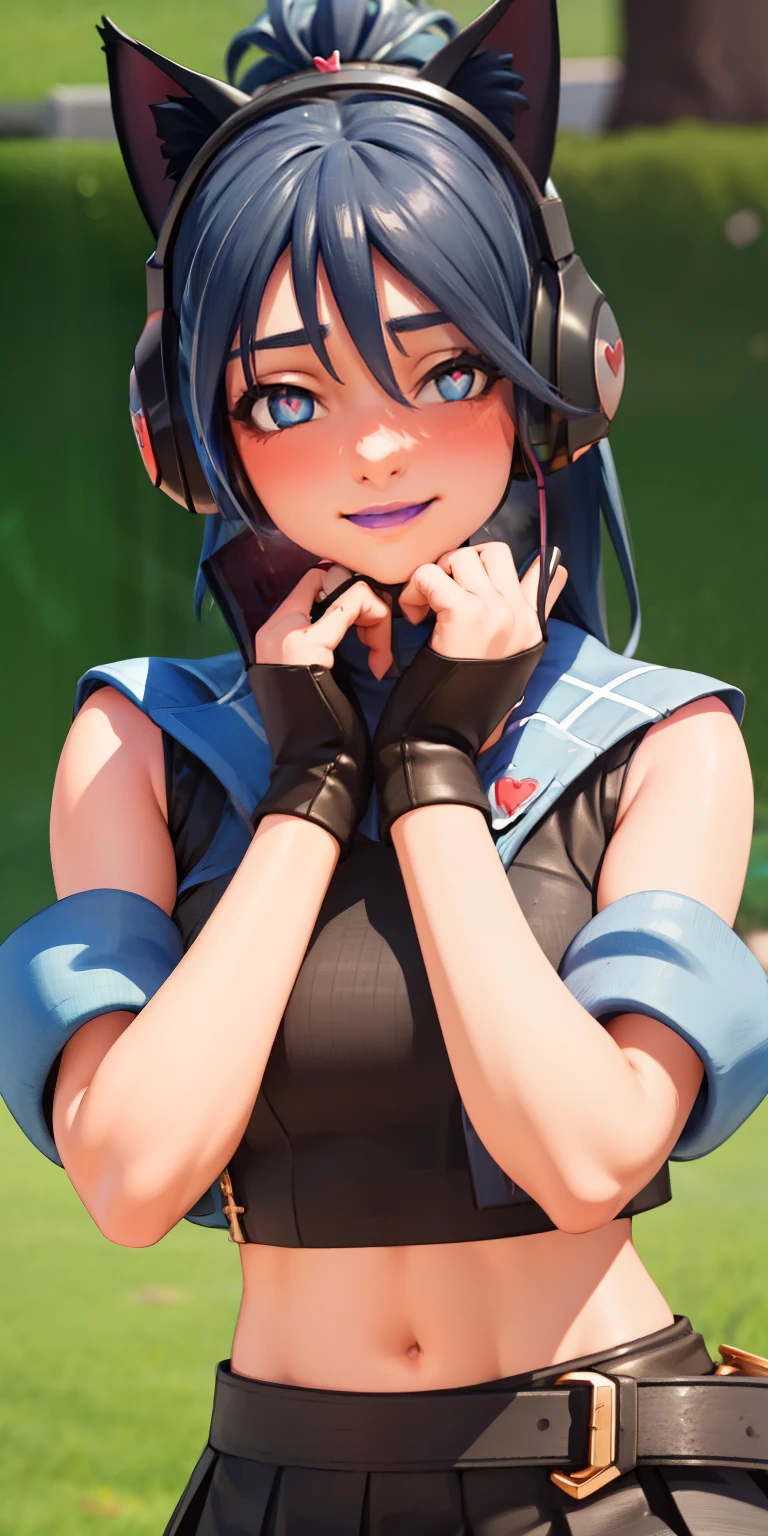 Heart-shaped_pupils, 1girl,blue hair, ponytail, blue eyes, eyeshadow, (blush:1.1),upper body,trembling, heart,(speed lines:1.1), ((heavy breathing:1.3)), love, heart, headphones, cat ears headphones, multicolored crop top, blue crop top, black crop top, sleeveless, Sleeveless shirt, black skirt, pleated skirt, cheerleader, purple lips, smile, looking at viewer, facing viewer,