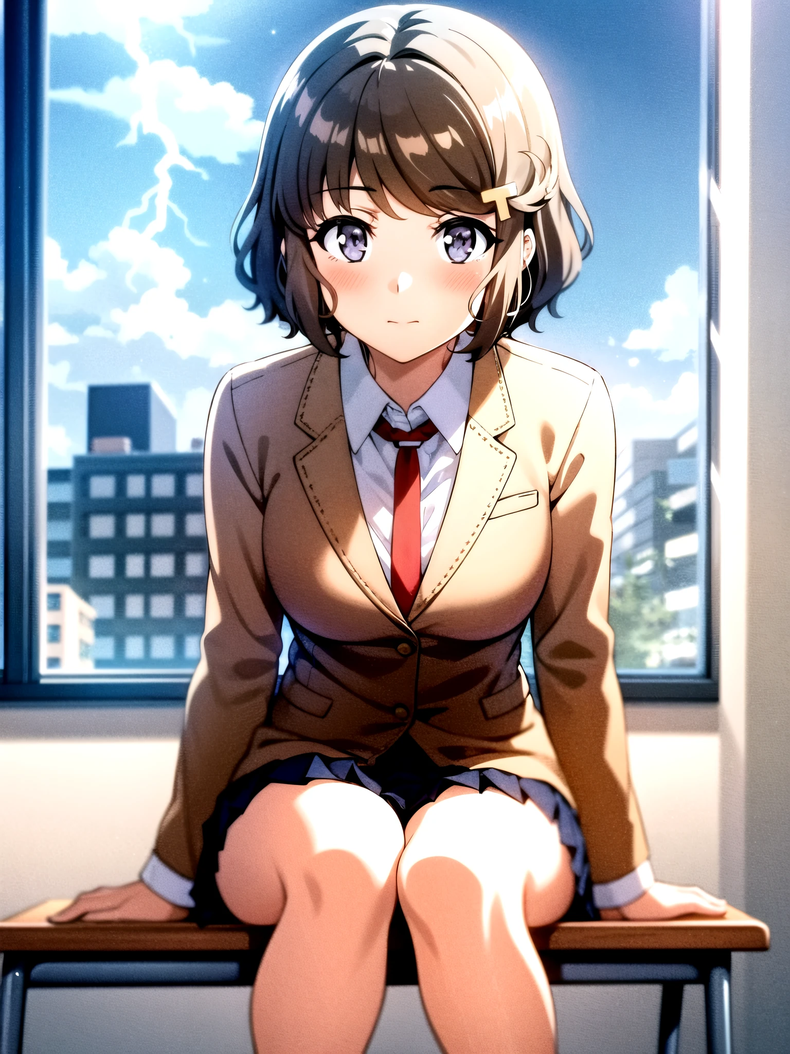 masterpiece, high quality, perfect lightning, EBTomoeKoga, 1girl, solo, looking at viewer, blush, short hair, grey eyes, skirt, brown hair, shirt, hair ornament, long sleeves, sitting, closed mouth, school uniform, jacket, white shirt, pleated skirt, necktie, hairclip, collared shirt, black skirt, red necktie, desk, brown jacket, school desk, on desk, school chair, indoors, classroom