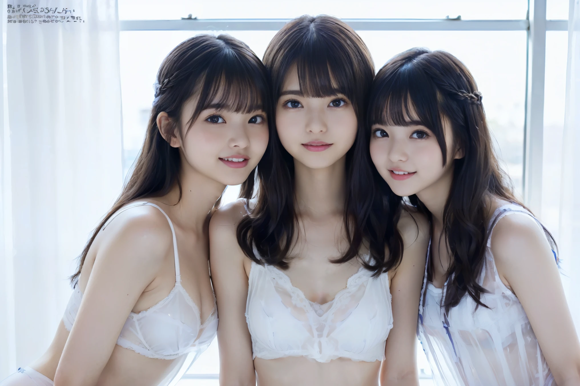 A close-up photo of three Japanese girls, Hair tied up, Bangs down, (Double eyelids), looking at the viewer, In the office, (All smiling), Highest Resolution, masterpiece, (All wearing classy sheer lacy pastel-colored bridesmaid dress), ((All lifting up dress, and exposing panties)), (All wearing earrings), ((Whole body strapped by lots of chain))