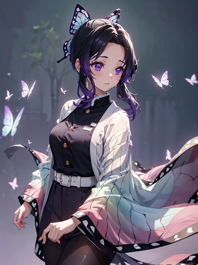 A girl with black hair that graduated to violet at the bottom, long front hair divided into two parts, a very small hair tie tied with a purple butterfly, wide eyes that graduated from white to dark violet at the bottom, wearing a dark purple shirt with golden buttons and short dark purple pants with a white kimono. Gradient green and pink at the bottom with butterfly wing patterns, pantyhose in the same color and pattern as the kimono.