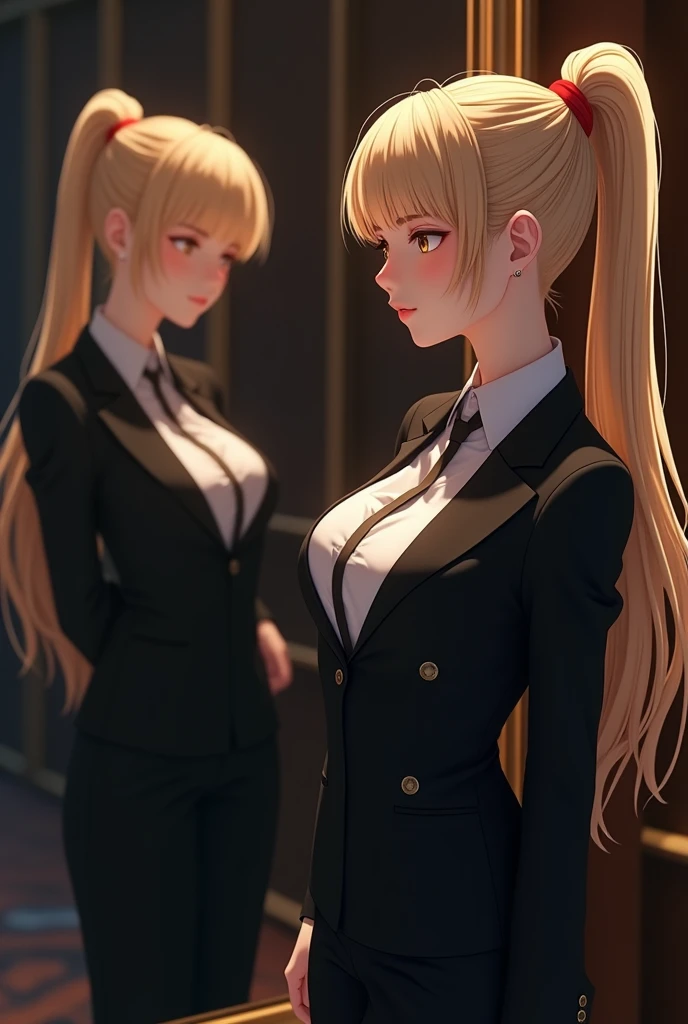 ((Best Quality)), ((Masterpiece)), ((Realistic)) 19 year old, blonde hair, milf, huge breasts, perky breasts, cleavage, black pencil skirt, white button up dress shirt, thin shirt, black bra underneath shirt, wide hips, thick thighs, waist length glowing hair. Womb tattoo, pubic tattoo, sensual face, stomach cutout, exposed underbelly (((detailed character sheet, frontal view, side view, three quarter view))) white background