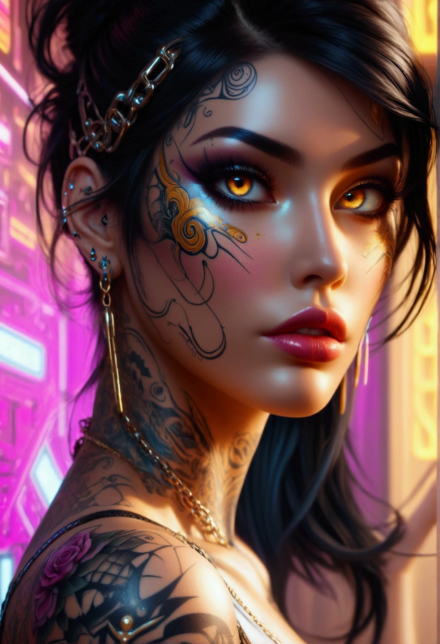 beautiful digital artwork, beautiful digital art, detailed beautiful face, 8k high quality oled detailed art, very beautiful digital art, digital art. highly detailed, beautiful detailed body, Create a hyper detailed photograph of a perfectly simetrical tattooed curved drop dead gorgeous cyberpunk 2077, Stunningly perfect gorgeous feminine face, bold, dramatic eyes, bold Eye Makeup, dramatic eyes, smudging layering and blending to dramatic, detailed vibrant neon golden eyes, very long hair, Focus on Skin A smooth even base is essential Makeup primers foundations and concealers Highlighting and Contouring to achieve a flawless canvas natural-looking, radiant glow, Gentle facial curves, Fuller cheek bones, Smaller and wider-set eyes, Less pronounced jawline, Symmetry perfection Proportion facial features, sexual curved heart shaped mouth, long beautiful tattooed legs, beautiful tattooed arms, perfect feminine curved body figure, detailed silky smooth skin, gigantic huge breasts, perfect heart shaped ass, beautiful long tattooed legs, Wearing chain cyberpunk lingerie Jewels, fullbody view, showing complete body,