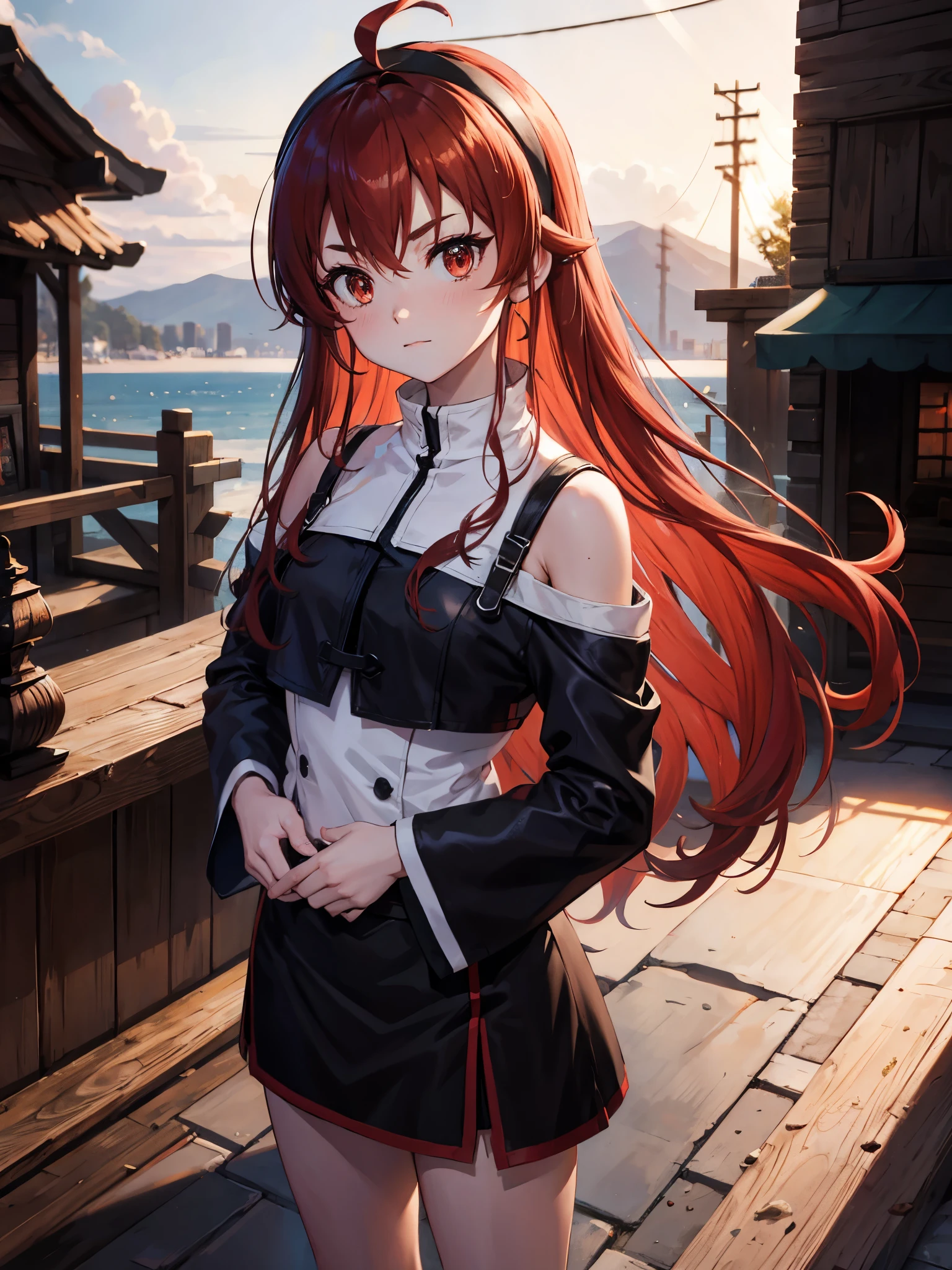 Liss Greyrat, 1girl, Ahoge, bangss, bare shoulders, black hairband, Brown skirt, a closed mouth, Clothes Cutout, arms folded, hair between eye, shairband, length hair, long-sleeve, Look at viewers, red eyes, red hairs, Shoulder clippings, simple background, Black shorts,beauty legs 独奏, Hi-Res, Harm, mushoku tensei grass field randome pose small tits 15yo student small stature