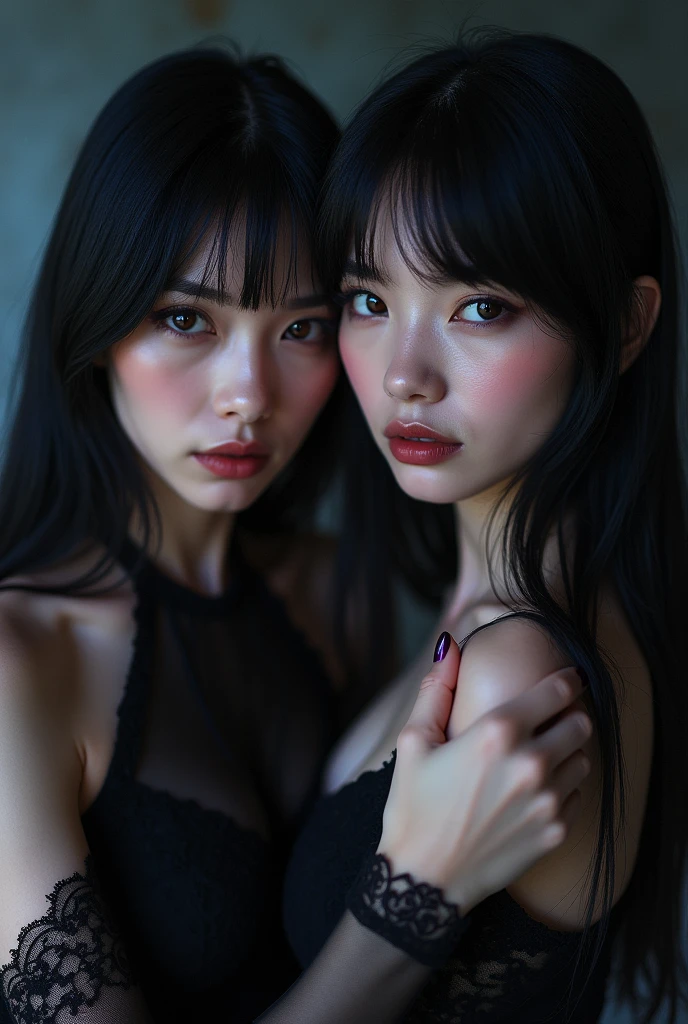 real photograph, (Top image quality, 8k, ​masterpiece), top-quality, 超A high resolution,2 Japan Girls,ld, pretty face,  lace bra, kawaii faces, Melancholy look, double eyelid, big breasts: 1.4、Bun hair and Bob hair、night, big moon, Movie Lighting, Photorealsitic, real looking skin, NFSW, 35mm, Shot with Leica,