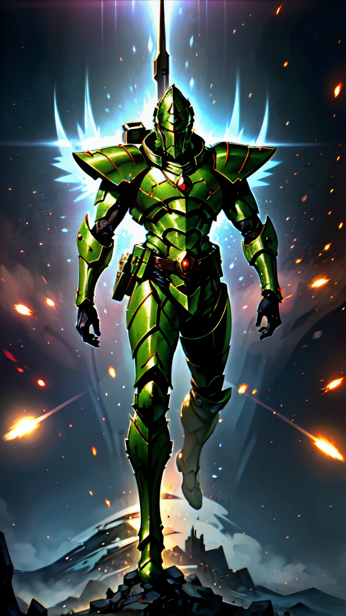 (masterpiece:1.5, best quality:1.5, extremely delicate:1.5), ((male:1.5)), a man wearing a full-face helmet, a biotech armored combat suit, green eyes, (a composite layered chest armor), fully enclosed shoulder guards, matching arm and leg guards, a belt of gemstone, (the color scheme is primarily black with green and red accents), the design balances heavy with agility, a high-tech bio-mecha armor, (Armor Concept Inspired by Space Marines, stand of a futuristic sci-fi city), this character embodies a finely crafted fantasy-style armored hero in anime style, exquisite and mature manga art style, (element, plasma, energy, the armor glows), metallic, high definition, highres, ultra-detailed, ultra-fine painting, professional, perfect body proportions, golden ratio, anatomically correct, symmetrical face, extremely detailed eyes and face, high quality eyes, creativity, RAW photo, UHD, 32k, Natural light, cinematic lighting, masterpiece-anatomy-perfect