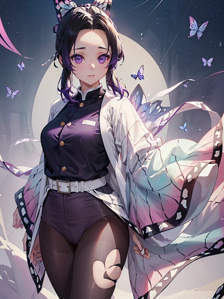 A girl with black hair that graduated to violet at the bottom, long front hair divided into two parts, a very small hair tie tied with a purple butterfly, wide eyes that graduated from white to dark violet at the bottom, wearing a dark purple shirt with golden buttons and short dark purple pants with a white kimono. Gradient green and pink at the bottom with butterfly wing patterns, pantyhose in the same color and pattern as the kimono.