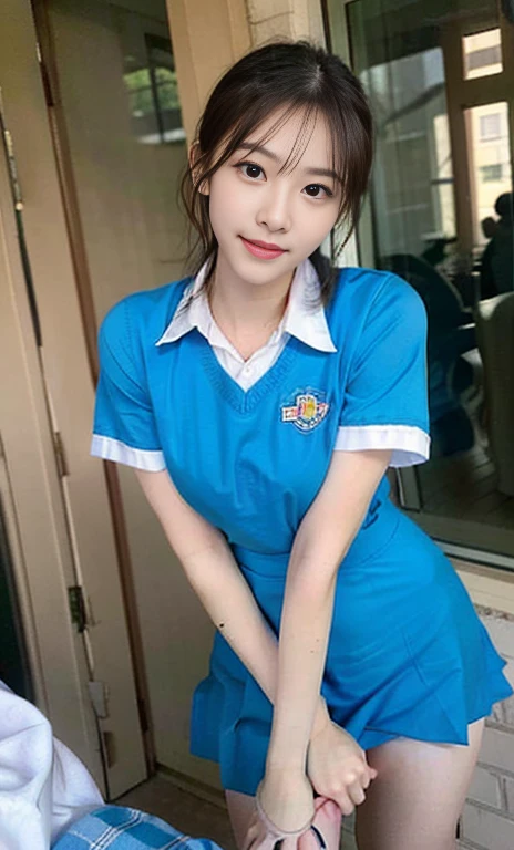 (A stunning chinese lady at night, kitchen, wearing a white short-sleeve button shirt, blue jumper suit, school uniform, plaid tie, plaid hair scarf, youthful charms, smooth complexion, beautiful detailed face, beautiful detailed eyes and lips, long eyelashes, slender figure, perfect body proportion, friendly expression, cute dimples, kind smile, short hair, side ponytail, a confident & poised demeanor, sitting with legs opened, tied up tightly, blue uniform, msc, bwc, schoollogo,

 blurred background, bokeh effect, (best quality,4k,8k,highres,masterpiece:1.2),ultra-detailed,(realistic,photorealistic,photo-realistic:1.37),HDR,UHD,studio lighting,ultra-fine painting,sharp focus,physically-based rendering,extreme detail description,professional,vivid colors,bokeh,SFW,Safe for Work,cowboy shot,head to knee)