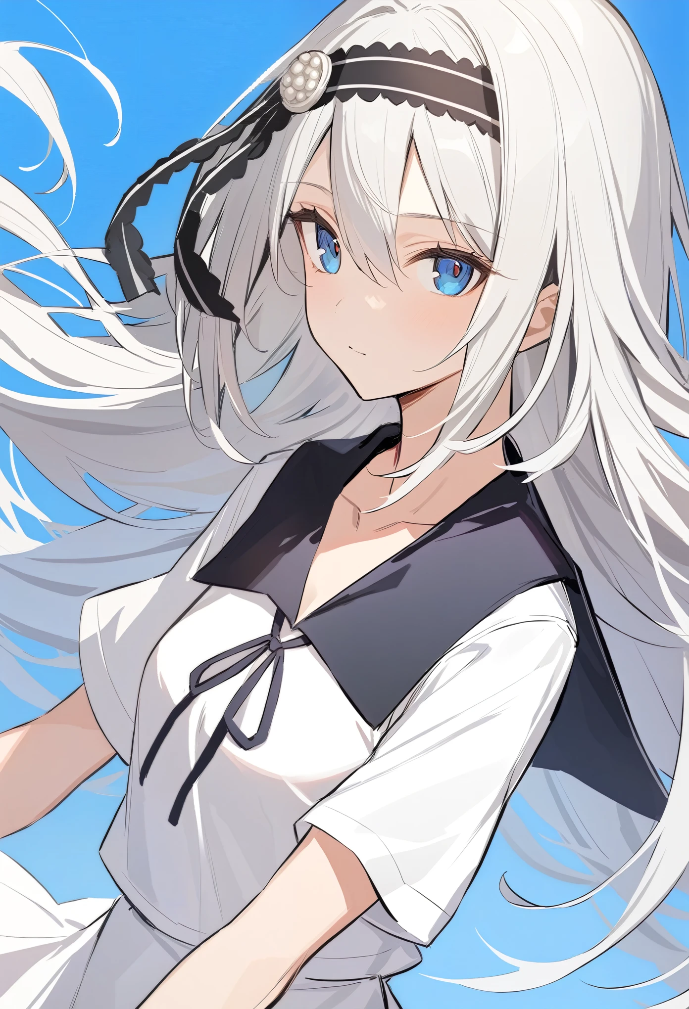 masterpiece,best quality,Shirogane Kei,1girl,solo,shuuchiin academy school uniform,looking at viewer,black ribbon,neck ribbon,black hairband,white shirt,white skirt,bangs,short sleeves,collarbone,blue eyes,closed mouth,upper body,very long hair,summer uniform,white hair,striped,floating hair,hair between eyes,blue background,grey hair,sailor collar,