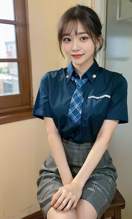 (A stunning chinese lady at night, kitchen, wearing a white short-sleeve button shirt, blue jumper suit, school uniform, plaid tie, plaid hair scarf, youthful charms, smooth complexion, beautiful detailed face, beautiful detailed eyes and lips, long eyelashes, slender figure, perfect body proportion, friendly expression, cute dimples, kind smile, short hair, side ponytail, a confident & poised demeanor, sitting with legs opened, tied up tightly, blue uniform, msc, bwc, schoollogo,

 blurred background, bokeh effect, (best quality,4k,8k,highres,masterpiece:1.2),ultra-detailed,(realistic,photorealistic,photo-realistic:1.37),HDR,UHD,studio lighting,ultra-fine painting,sharp focus,physically-based rendering,extreme detail description,professional,vivid colors,bokeh,SFW,Safe for Work,cowboy shot,head to knee)