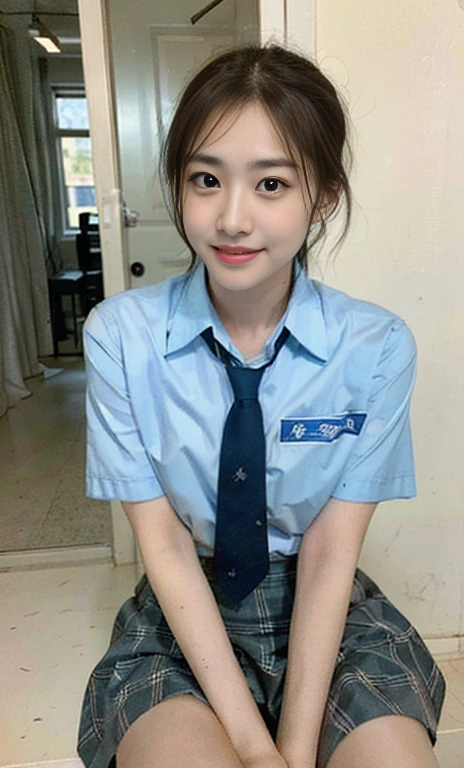 (A stunning chinese lady at night, kitchen, wearing a white short-sleeve button shirt, blue jumper suit, school uniform, plaid tie, plaid hair scarf, youthful charms, smooth complexion, beautiful detailed face, beautiful detailed eyes and lips, long eyelashes, slender figure, perfect body proportion, friendly expression, cute dimples, kind smile, short hair, side ponytail, a confident & poised demeanor, sitting with legs opened, tied up tightly, blue uniform, msc, bwc, schoollogo,

 blurred background, bokeh effect, (best quality,4k,8k,highres,masterpiece:1.2),ultra-detailed,(realistic,photorealistic,photo-realistic:1.37),HDR,UHD,studio lighting,ultra-fine painting,sharp focus,physically-based rendering,extreme detail description,professional,vivid colors,bokeh,SFW,Safe for Work,cowboy shot,head to knee)