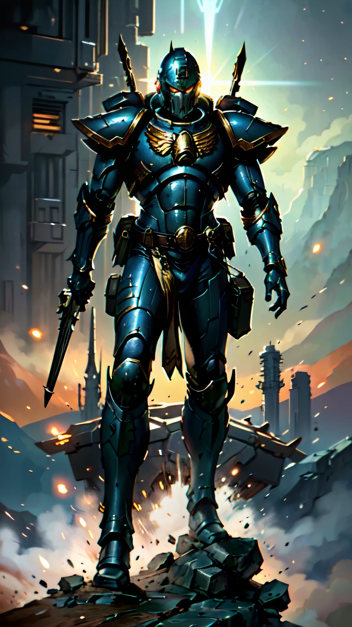 (masterpiece:1.5, best quality:1.5, extremely delicate:1.5), ((male:1.5)), a man wearing a full-face helmet, a biotech armored combat suit, green eyes, (a composite layered chest armor), fully enclosed shoulder guards, matching arm and leg guards, a belt of gemstone, (the color scheme is primarily black with green and red accents), the design balances heavy with agility, a high-tech bio-mecha armor, (Armor Concept Inspired by Space Marines, stand of a futuristic sci-fi city), this character embodies a finely crafted fantasy-style armored hero in anime style, exquisite and mature manga art style, (element, plasma, energy, the armor glows), metallic, high definition, highres, ultra-detailed, ultra-fine painting, professional, perfect body proportions, golden ratio, anatomically correct, symmetrical face, extremely detailed eyes and face, high quality eyes, creativity, RAW photo, UHD, 32k, Natural light, cinematic lighting, masterpiece-anatomy-perfect