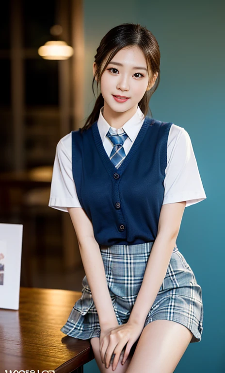 (A stunning chinese lady at night, kitchen, wearing a white short-sleeve button shirt, blue jumper suit, school uniform, plaid tie, plaid hair scarf, youthful charms, smooth complexion, beautiful detailed face, beautiful detailed eyes and lips, long eyelashes, slender figure, perfect body proportion, friendly expression, cute dimples, kind smile, short hair, side ponytail, a confident & poised demeanor, sitting with legs opened, tied up tightly, blue uniform, msc, bwc, schoollogo,

 blurred background, bokeh effect, (best quality,4k,8k,highres,masterpiece:1.2),ultra-detailed,(realistic,photorealistic,photo-realistic:1.37),HDR,UHD,studio lighting,ultra-fine painting,sharp focus,physically-based rendering,extreme detail description,professional,vivid colors,bokeh,SFW,Safe for Work,cowboy shot,head to knee)