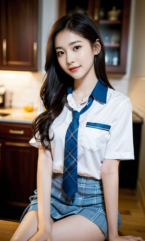 (A stunning chinese lady at night, kitchen, wearing a white short-sleeve button shirt, blue jumper suit, school uniform, plaid tie, plaid hair scarf, youthful charms, smooth complexion, beautiful detailed face, beautiful detailed eyes and lips, long eyelashes, slender figure, perfect body proportion, friendly expression, cute dimples, kind smile, short hair, side ponytail, a confident & poised demeanor, sitting with legs opened, tied up tightly, blue uniform, msc, bwc, schoollogo,

 blurred background, bokeh effect, (best quality,4k,8k,highres,masterpiece:1.2),ultra-detailed,(realistic,photorealistic,photo-realistic:1.37),HDR,UHD,studio lighting,ultra-fine painting,sharp focus,physically-based rendering,extreme detail description,professional,vivid colors,bokeh,SFW,Safe for Work,cowboy shot,head to knee)