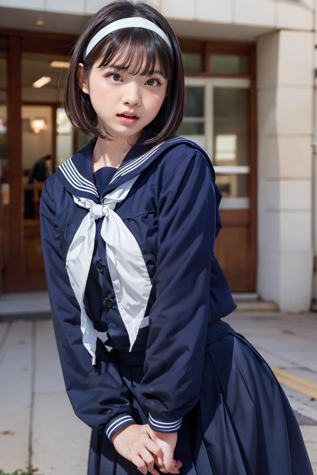 sailor uniform, otn, (Highly detailed CG Unity 8k), (highest quality)，(Very detailed)，(Ultra-high resolution), 1 Female, uniform, ((Sailor suit)), ((rope bondage)), bind a woman's breasts with a rope, hands back with a rope, leg with a rope, thigh with a rope, feet with a rope, ((Wrists tied behind back)), Ankle binding, White cloth gag, Navy Blue Skirt, Black Hair, Bobcut, BDSM, Bust Shot, ((White headband)),